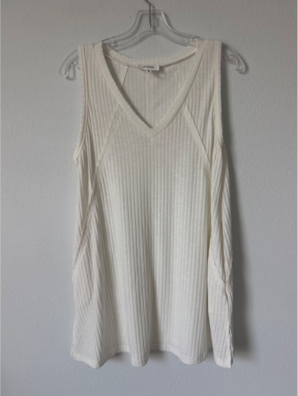 HEYSON Sleeveless V-Neck Ribbed Knit Cream Tunic Tank Top Women's Size S